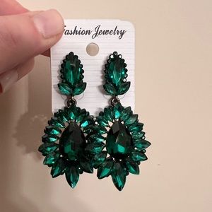 Emerald Green Crystal Rhinestone Drop Statement Earrings